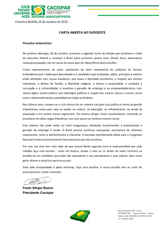 CARTA ABERTA AO SUDOESTE